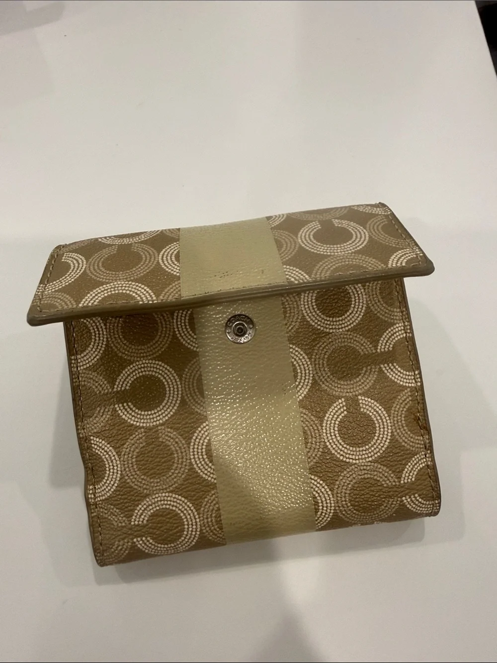 Coach Tan Circle-Print Bifold Wallet with Gloss Stripe